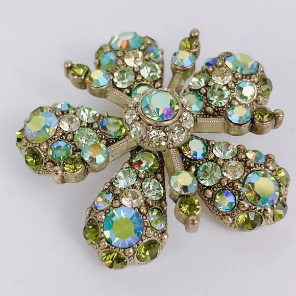 VTG Signed Joan Rivers Green Aurora Borealis Flower Brooch Gold Tone Sparkling - Picture 2 of 14
